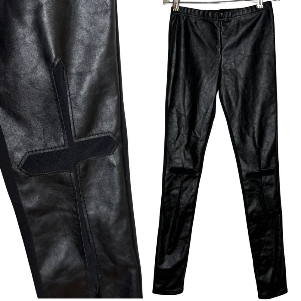 STYLESTALKER Black Faux Leather & Knit CROSS Mesh Panel Goth Leggings Pants US 2